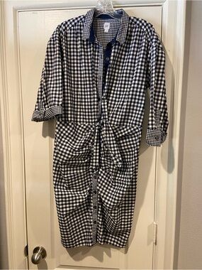 GAP Navy and White Gingham Midi Dress with Waist Tie